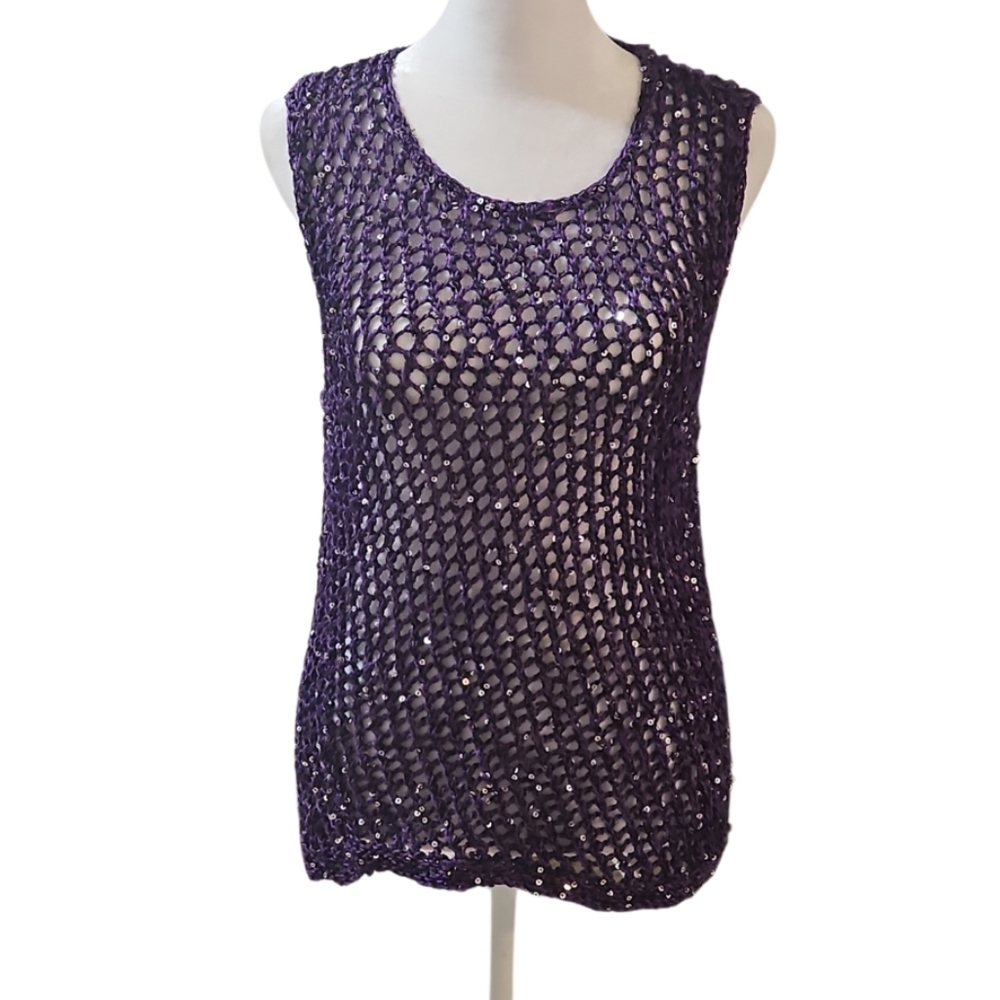 Handmade Crochet Cover-Up Sparkle Mesh Resort Top One Size 20" Asymmetrical Hem